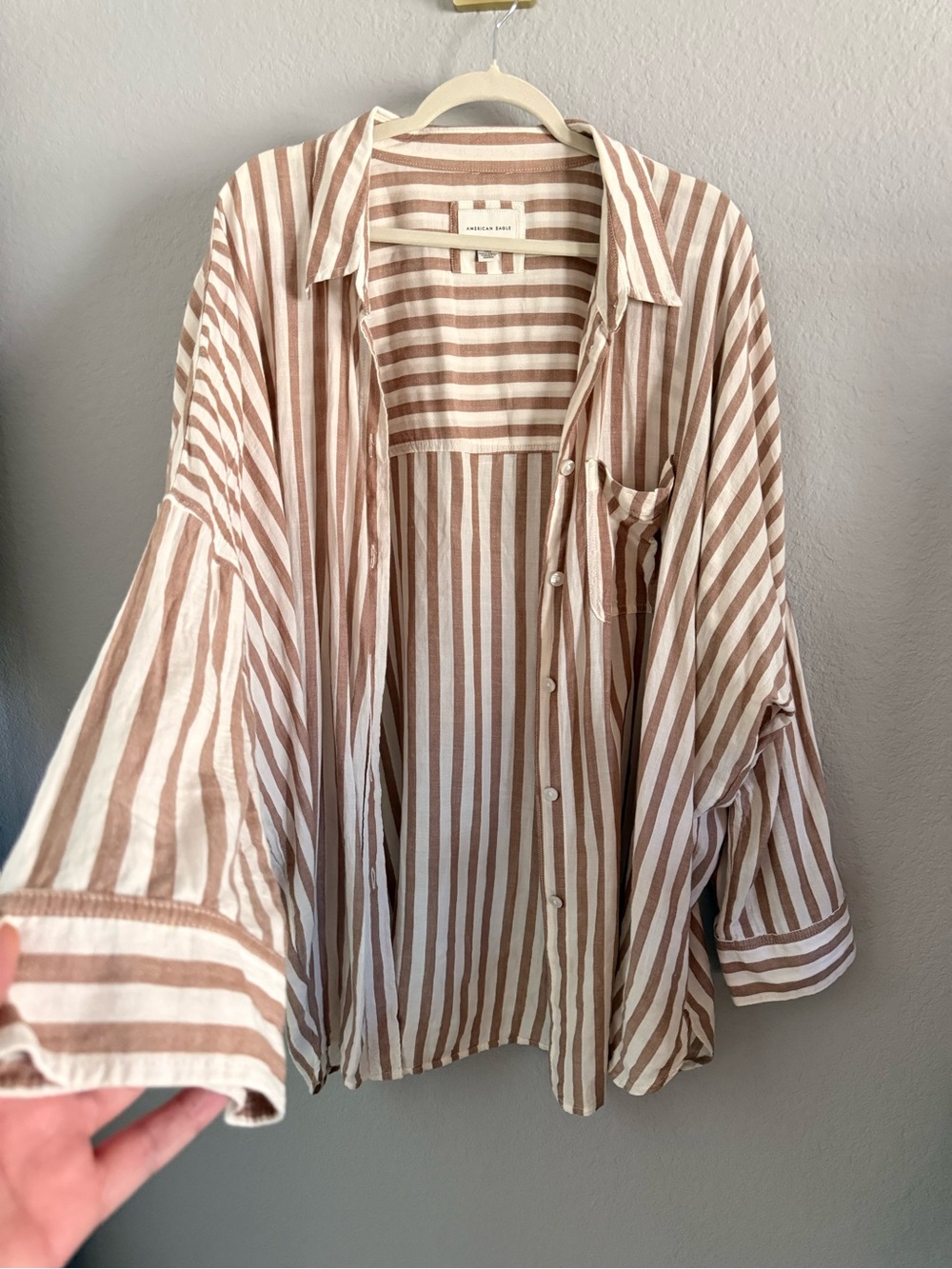 American Eagle Brown White Striped Oversized Button Down Shirt Large